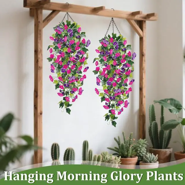 Alt view image 3 of 6 - Artificial Fake Hanging Flowers Plants, Faux Silk Morning Glory with Ivy Vines, UV Resistant Realistic Outdoor Outside Decor for Porch Patio Spring Summer Home Decoration (Purple Fuchsia)