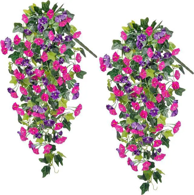 Main image of Artificial Fake Hanging Flowers Plants, Faux Silk Morning Glory with Ivy Vines, UV Resistant Realistic Outdoor Outside Decor for Porch Patio Spring Summer Home Decoration (Purple Fuchsia)