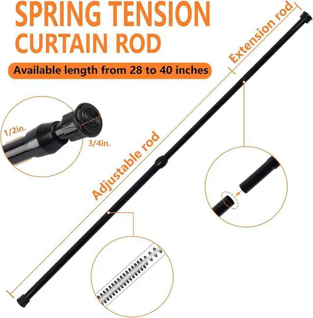 Alt view image 2 of 5 - KXLife Spring Tension Curtain Rod for Window Adjustable 28-40", 2Pcs | Black, No Drilling, Expandable Spring Loaded, Drapery Rod for Home Decor, Window, Doorway