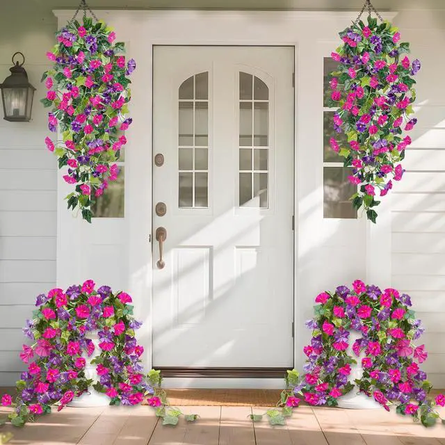 Alt view image 4 of 6 - Artificial Fake Hanging Flowers Plants, Faux Silk Morning Glory with Ivy Vines, UV Resistant Realistic Outdoor Outside Decor for Porch Patio Spring Summer Home Decoration (Purple Fuchsia)