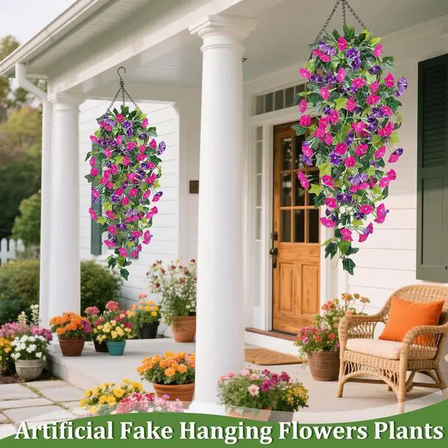 Alt view image 5 of 6 - Artificial Fake Hanging Flowers Plants, Faux Silk Morning Glory with Ivy Vines, UV Resistant Realistic Outdoor Outside Decor for Porch Patio Spring Summer Home Decoration (Purple Fuchsia)