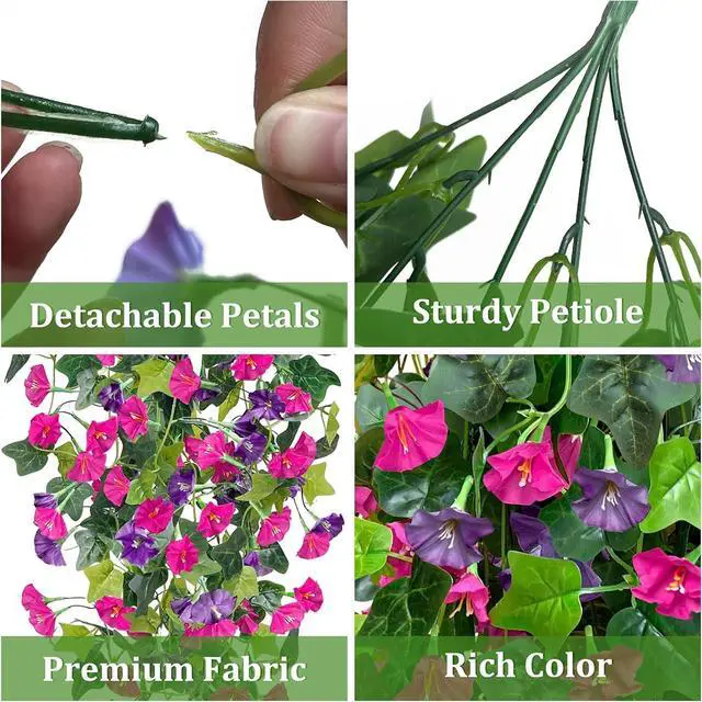 Alt view image 6 of 6 - Artificial Fake Hanging Flowers Plants, Faux Silk Morning Glory with Ivy Vines, UV Resistant Realistic Outdoor Outside Decor for Porch Patio Spring Summer Home Decoration (Purple Fuchsia)