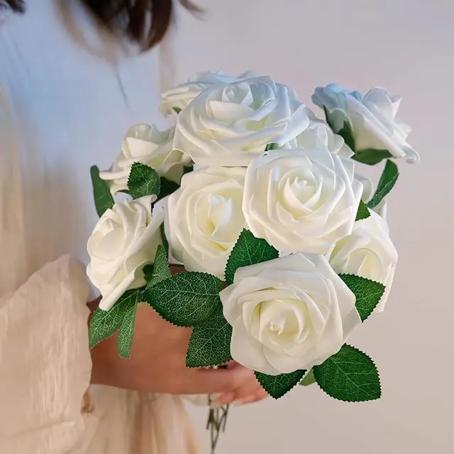 Alt view image 2 of 5 - Artificial Ivory Foam Roses with Stems & Leaves - Pack of 50, Perfect for Wedding Centerpieces, Event Decor, DIY Bouquets, and More