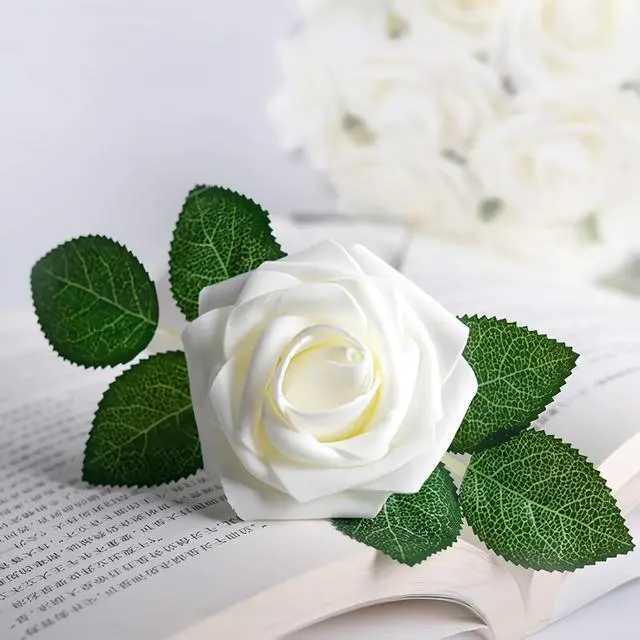 Alt view image 3 of 5 - Artificial Ivory Foam Roses with Stems & Leaves - Pack of 50, Perfect for Wedding Centerpieces, Event Decor, DIY Bouquets, and More