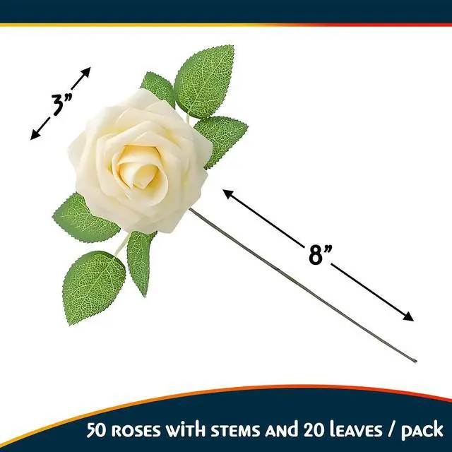 Alt view image 4 of 5 - Artificial Ivory Foam Roses with Stems & Leaves - Pack of 50, Perfect for Wedding Centerpieces, Event Decor, DIY Bouquets, and More
