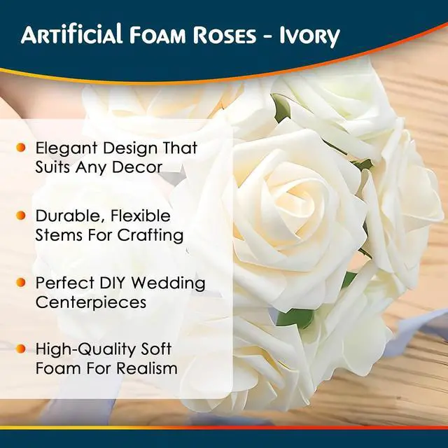 Alt view image 5 of 5 - Artificial Ivory Foam Roses with Stems & Leaves - Pack of 50, Perfect for Wedding Centerpieces, Event Decor, DIY Bouquets, and More