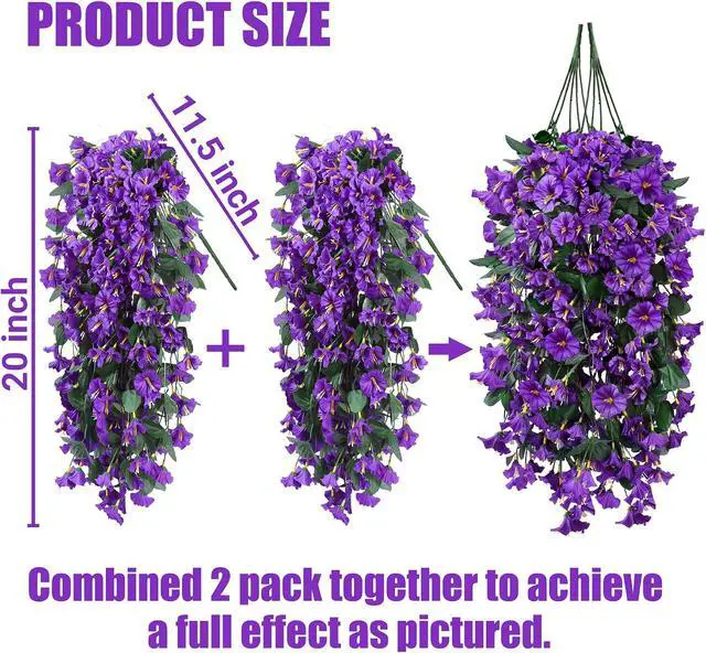 Alt view image 2 of 7 - Sggvecsy Artificial Fake Hanging Flowers Plants for Outdoor Outside Spring Summer Decoration 2PCS Faux Silk UV Resistant Realistic Morning Glory Trailing Vines for Home Porch Patio Balcony(Purple)