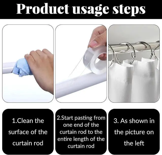 Alt view image 3 of 7 - 1.2 Inch Widen Curtain Rod Tape, Adhesive Glide Tape for Curtain Rods, Adhesive Curtains Tapes Clear Smooth and Silent Hard Surface Drapery Ring Tapes for Easy Slide Shower Curtains Rings, 10ft Long