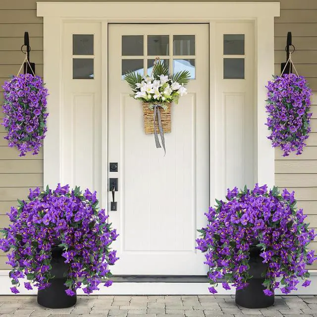 Alt view image 3 of 7 - Sggvecsy Artificial Fake Hanging Flowers Plants for Outdoor Outside Spring Summer Decoration 2PCS Faux Silk UV Resistant Realistic Morning Glory Trailing Vines for Home Porch Patio Balcony(Purple)