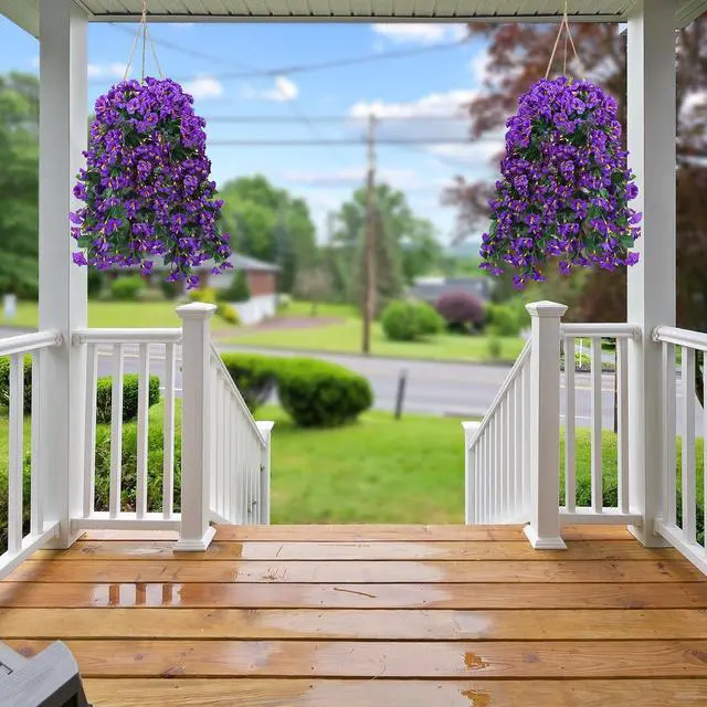 Alt view image 5 of 7 - Sggvecsy Artificial Fake Hanging Flowers Plants for Outdoor Outside Spring Summer Decoration 2PCS Faux Silk UV Resistant Realistic Morning Glory Trailing Vines for Home Porch Patio Balcony(Purple)