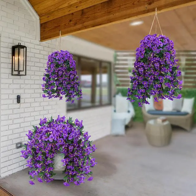 Alt view image 6 of 7 - Sggvecsy Artificial Fake Hanging Flowers Plants for Outdoor Outside Spring Summer Decoration 2PCS Faux Silk UV Resistant Realistic Morning Glory Trailing Vines for Home Porch Patio Balcony(Purple)