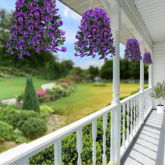 Alt view image 7 of 7 - Sggvecsy Artificial Fake Hanging Flowers Plants for Outdoor Outside Spring Summer Decoration 2PCS Faux Silk UV Resistant Realistic Morning Glory Trailing Vines for Home Porch Patio Balcony(Purple)