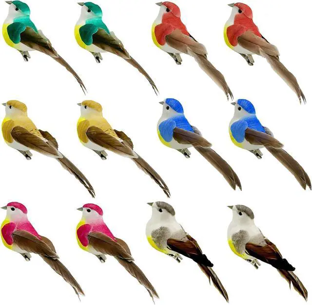 Main image of 12pcs Artificial Birds Clip on Birds for Crafts Decorative Christmas Tree Ornaments Yard Patio Wreath Designs Flower Floral Arrangements Garden Home Decor (Clip Birds)