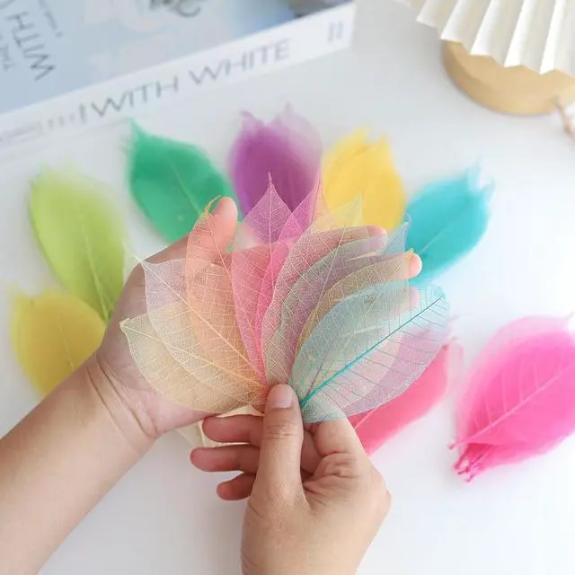 Alt view image 3 of 5 - Mixed Colors 4-5 Inches 100 PCS Natural Skeleton Leaves, Real Rubber Tree Leaf Veins for Resin Art, Scrapbooking, Card Making, Wedding Decorations and DIY Crafts(Mixed Colors)