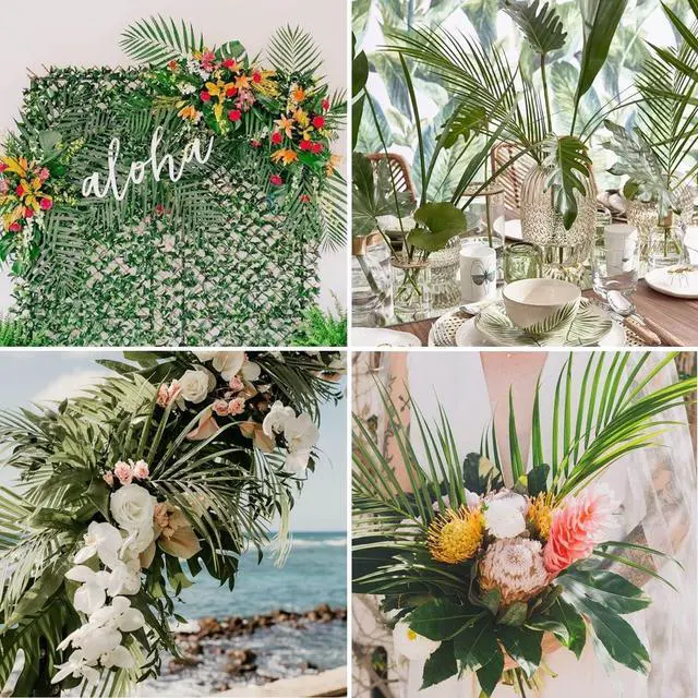 Alt view image 5 of 7 - CCINEE 16 PCS Artificial Palm Leaves, Faux Large Palm Fronds Fake Tropical Plant Simulation Safari Leaves with Stems for Home Hawaiian Luau Party Jungle Beach Theme Party Decoration