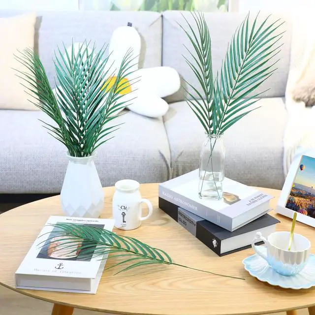 Alt view image 4 of 7 - CCINEE 16 PCS Artificial Palm Leaves, Faux Large Palm Fronds Fake Tropical Plant Simulation Safari Leaves with Stems for Home Hawaiian Luau Party Jungle Beach Theme Party Decoration