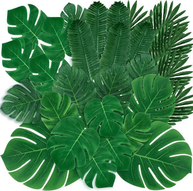 Main image of Sggvecsy 34 Pieces 6 Kinds Artificial Tropical Palm Leaves Tropical Leaves Monstera Leaves Safari Jungle Leaf with Stems for Hawaiian Luau Party Beach Table Wedding Shower Birthday Theme Decorations