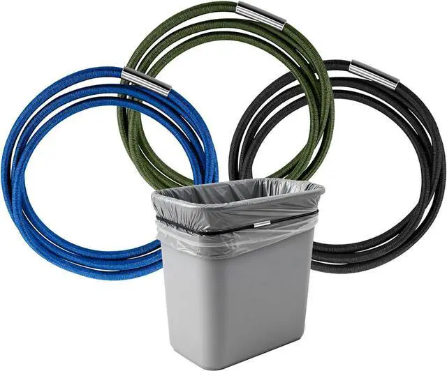 Main image of 3 Pcs Trash Can Rubber Bands, Large Rubber Bands Fits most 7-30 Gallon Trash Cans, kloumify Elastic Garbage Can Band for Secure Bag Hold (Black, Blue, Green)