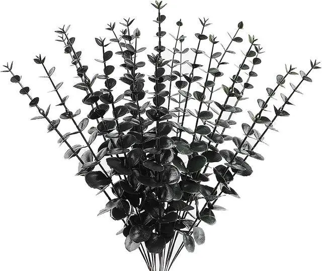 Main image of ABAJI Plastic Eucalyptus Black Stems 12 Fake Faux Decorations Artificial Leaves Greenery Plant Leaf Home Office House Table Desk Decor Wedding Party Vase Forever Live