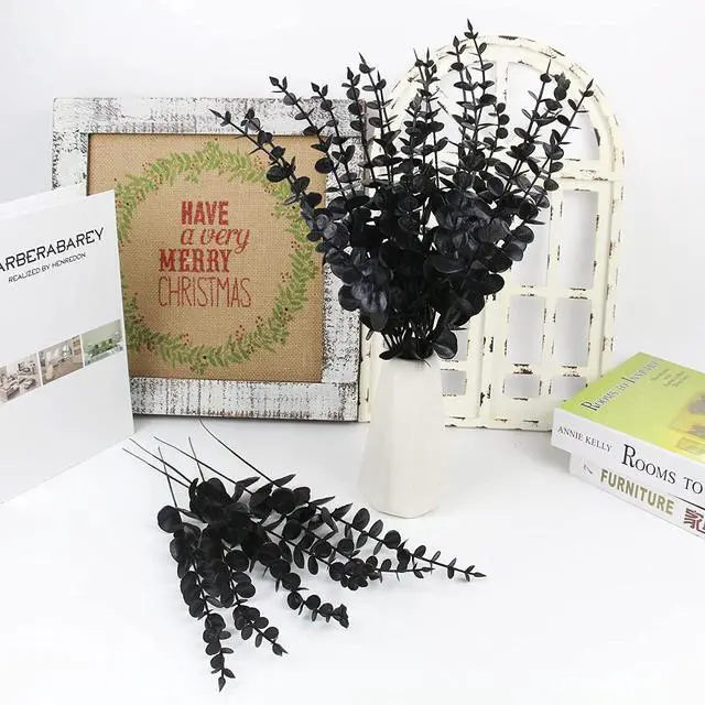 Alt view image 3 of 4 - ABAJI Plastic Eucalyptus Black Stems 12 Fake Faux Decorations Artificial Leaves Greenery Plant Leaf Home Office House Table Desk Decor Wedding Party Vase Forever Live