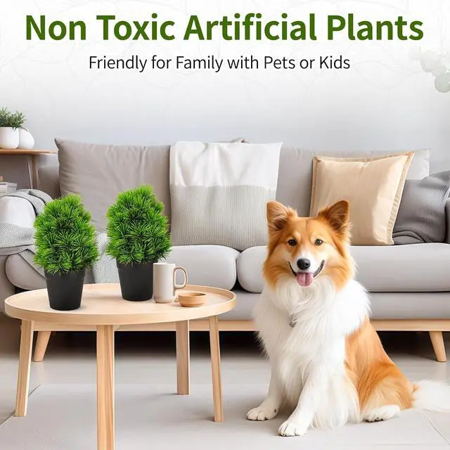 Alt view image 4 of 7 - 2 Pack Realistic Artificial Potted Plants Simulation Welcoming Pine,9.5" Small Faux Greenery for Desk Office Home Christmas Decorations, Pet Friendly Faux Cedar Shrubs in Pot (Maintenance Free)