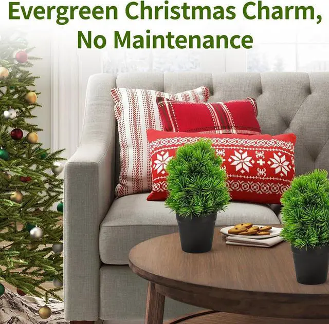 Alt view image 7 of 7 - 2 Pack Realistic Artificial Potted Plants Simulation Welcoming Pine,9.5" Small Faux Greenery for Desk Office Home Christmas Decorations, Pet Friendly Faux Cedar Shrubs in Pot (Maintenance Free)