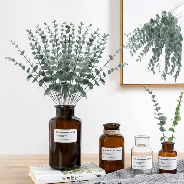 Alt view image 4 of 4 - ABAJI Plastic Eucalyptus Black Stems 12 Fake Faux Decorations Artificial Leaves Greenery Plant Leaf Home Office House Table Desk Decor Wedding Party Vase Forever Live