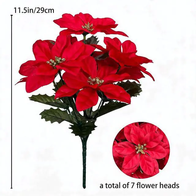 Alt view image 2 of 7 - 3 Pack Artificial Poinsettia Bushes 11.5" Faux Red Poinsettia Bouquets with 7 Heads Each, Christmas Artificial Flowers for Holiday Tree, Table Centerpiece, Indoor Outdoor Décor, DIY Table Runner