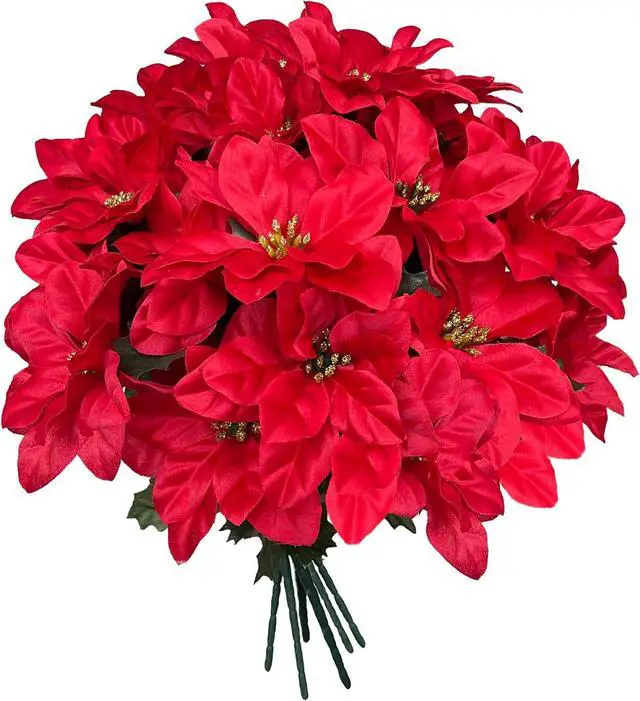 Alt view image 3 of 7 - 3 Pack Artificial Poinsettia Bushes 11.5" Faux Red Poinsettia Bouquets with 7 Heads Each, Christmas Artificial Flowers for Holiday Tree, Table Centerpiece, Indoor Outdoor Décor, DIY Table Runner