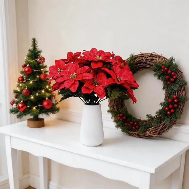 Alt view image 4 of 7 - 3 Pack Artificial Poinsettia Bushes 11.5" Faux Red Poinsettia Bouquets with 7 Heads Each, Christmas Artificial Flowers for Holiday Tree, Table Centerpiece, Indoor Outdoor Décor, DIY Table Runner