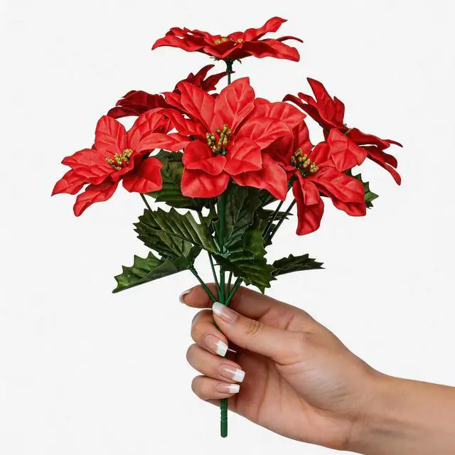 Alt view image 5 of 7 - 3 Pack Artificial Poinsettia Bushes 11.5" Faux Red Poinsettia Bouquets with 7 Heads Each, Christmas Artificial Flowers for Holiday Tree, Table Centerpiece, Indoor Outdoor Décor, DIY Table Runner