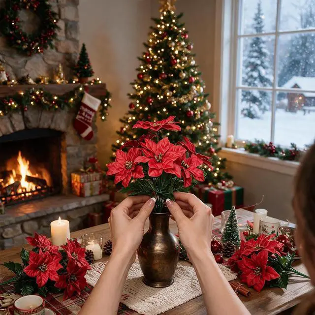 Alt view image 7 of 7 - 3 Pack Artificial Poinsettia Bushes 11.5" Faux Red Poinsettia Bouquets with 7 Heads Each, Christmas Artificial Flowers for Holiday Tree, Table Centerpiece, Indoor Outdoor Décor, DIY Table Runner
