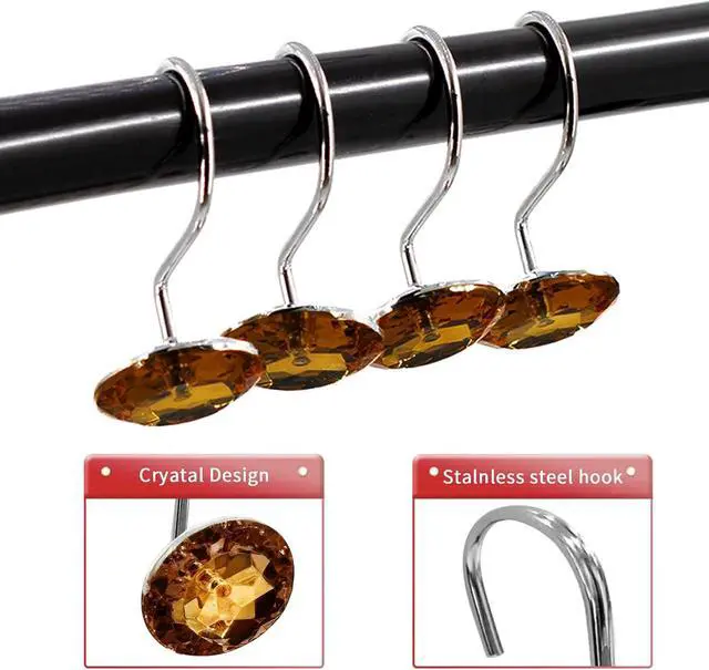 Alt view image 2 of 7 - Crystal Diamond Round Shower Curtain Hooks Rings for Bathroom,Brown,12PCS | Acrylic Decorative Rhinestones Bling Shower Hooks Rings,for Bathroom Curtains Rod,Gem Metal Rust Proof Shower Hangers