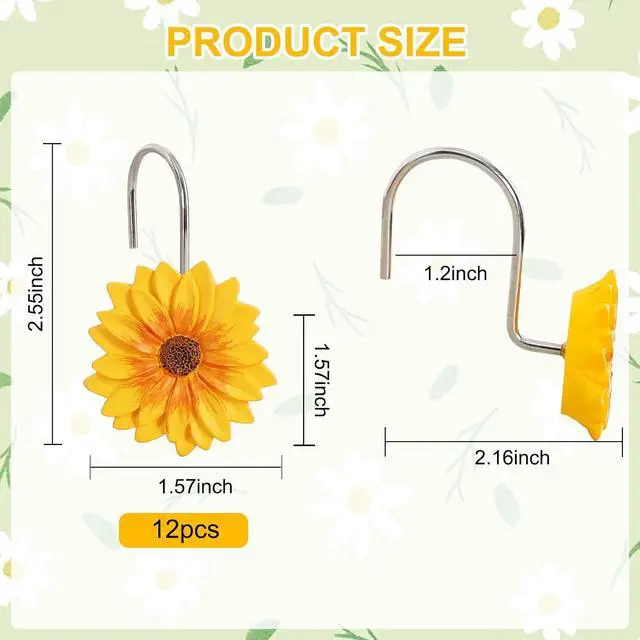 Alt view image 3 of 6 - 12-Piece Sunflower Yellow Flowers Shower Curtain Hooks for Bathroom | Decorative Shower Curtain Hooks, Stainless Steel Shower Hangers Rings