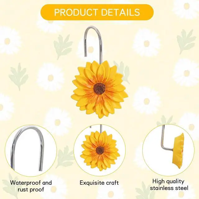 Alt view image 4 of 6 - 12-Piece Sunflower Yellow Flowers Shower Curtain Hooks for Bathroom | Decorative Shower Curtain Hooks, Stainless Steel Shower Hangers Rings
