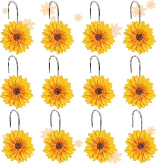 Alt view image 2 of 6 - 12-Piece Sunflower Yellow Flowers Shower Curtain Hooks for Bathroom | Decorative Shower Curtain Hooks, Stainless Steel Shower Hangers Rings