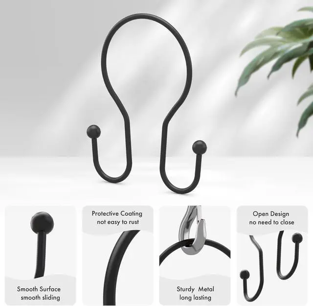 Alt view image 2 of 7 - AmazerBath Shower Curtain Hooks Black Shower Curtain Rings, Simple Double Hook Shower Curtain Hooks Rust Proof, Smooth Sturdy Metal Shower Hooks for Shower Curtain Rod, 12 Pcs Shower Rod Hooks