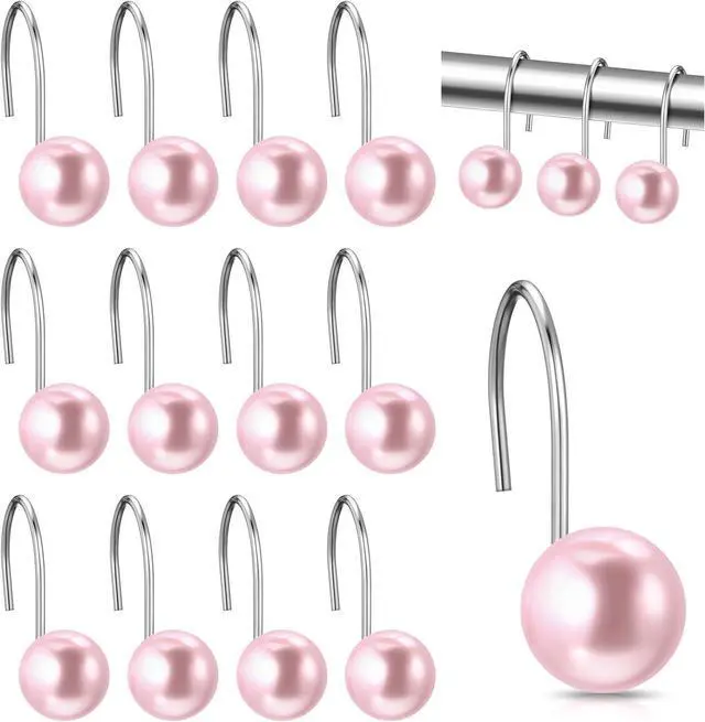 Main image of Threehoney 12 Pcs Cute Shower Curtain Hooks Shower Curtain RingPink | Artificial Pearl Decorative for Bathroom, Vintage Rustproof Hook, Country Farmhouse Decor, Easy Installation for Liner