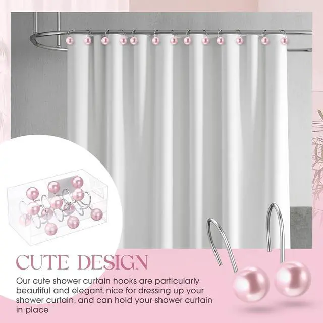 Alt view image 4 of 6 - Threehoney 12 Pcs Cute Shower Curtain Hooks Shower Curtain RingPink | Artificial Pearl Decorative for Bathroom, Vintage Rustproof Hook, Country Farmhouse Decor, Easy Installation for Liner