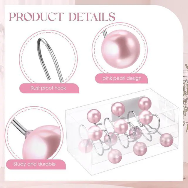 Alt view image 3 of 6 - Threehoney 12 Pcs Cute Shower Curtain Hooks Shower Curtain RingPink | Artificial Pearl Decorative for Bathroom, Vintage Rustproof Hook, Country Farmhouse Decor, Easy Installation for Liner