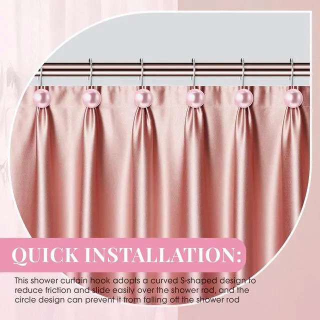 Alt view image 5 of 6 - Threehoney 12 Pcs Cute Shower Curtain Hooks Shower Curtain RingPink | Artificial Pearl Decorative for Bathroom, Vintage Rustproof Hook, Country Farmhouse Decor, Easy Installation for Liner