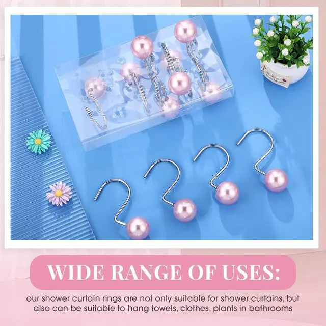 Alt view image 6 of 6 - Threehoney 12 Pcs Cute Shower Curtain Hooks Shower Curtain RingPink | Artificial Pearl Decorative for Bathroom, Vintage Rustproof Hook, Country Farmhouse Decor, Easy Installation for Liner