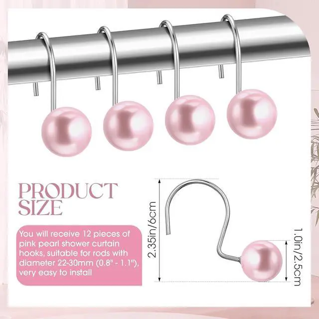 Alt view image 2 of 6 - Threehoney 12 Pcs Cute Shower Curtain Hooks Shower Curtain RingPink | Artificial Pearl Decorative for Bathroom, Vintage Rustproof Hook, Country Farmhouse Decor, Easy Installation for Liner