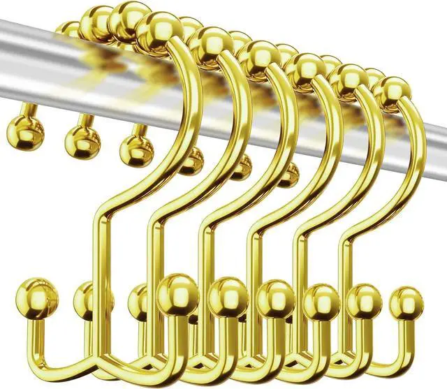 Main image of 12 Pcs Gold Shower Curtain Hooks, 304 Stainless Steel Shower Curtain Hooks | Shower Curtain Rings Rust Proof, Double Hook Glide Shower Curtain Hooks Gold for Bathroom, Modern Decorative Shower Hooks