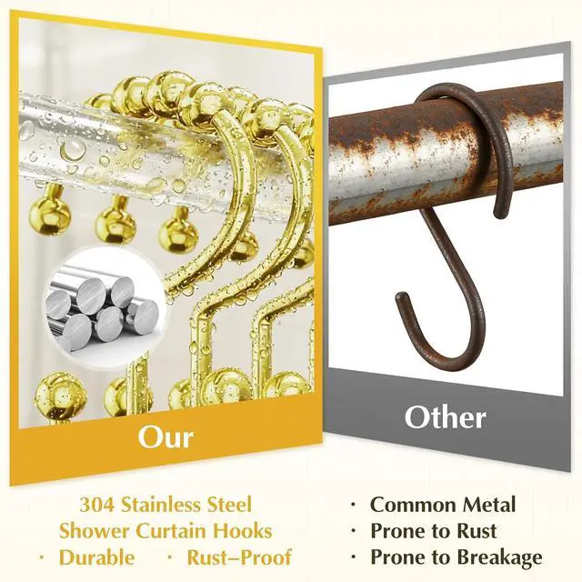 Alt view image 2 of 7 - 12 Pcs Gold Shower Curtain Hooks, 304 Stainless Steel Shower Curtain Hooks | Shower Curtain Rings Rust Proof, Double Hook Glide Shower Curtain Hooks Gold for Bathroom, Modern Decorative Shower Hooks