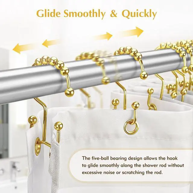 Alt view image 4 of 7 - 12 Pcs Gold Shower Curtain Hooks, 304 Stainless Steel Shower Curtain Hooks | Shower Curtain Rings Rust Proof, Double Hook Glide Shower Curtain Hooks Gold for Bathroom, Modern Decorative Shower Hooks