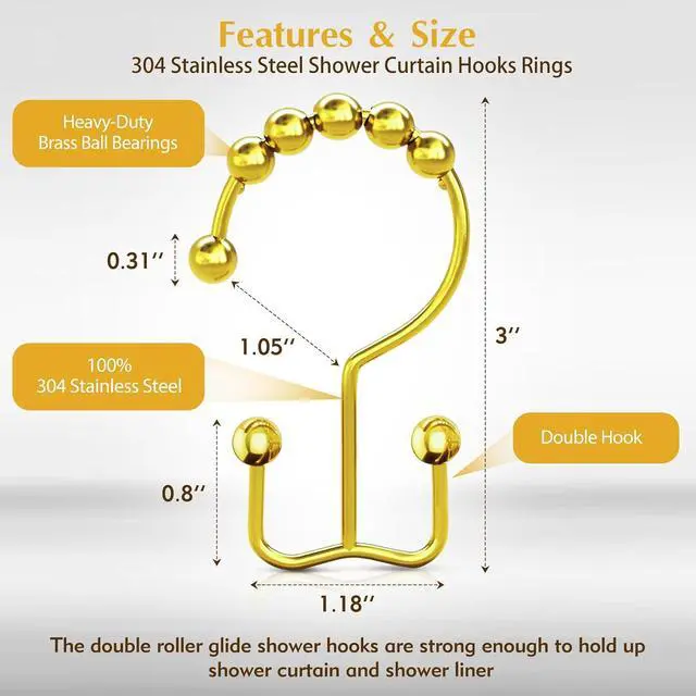 Alt view image 5 of 7 - 12 Pcs Gold Shower Curtain Hooks, 304 Stainless Steel Shower Curtain Hooks | Shower Curtain Rings Rust Proof, Double Hook Glide Shower Curtain Hooks Gold for Bathroom, Modern Decorative Shower Hooks