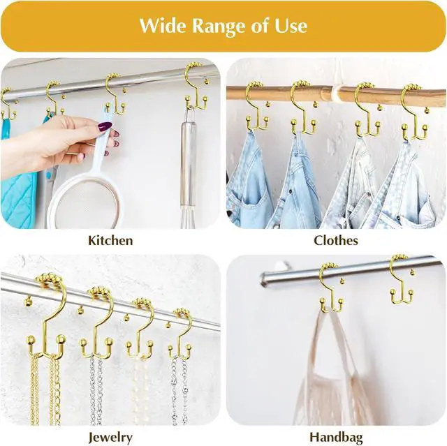 Alt view image 7 of 7 - 12 Pcs Gold Shower Curtain Hooks, 304 Stainless Steel Shower Curtain Hooks | Shower Curtain Rings Rust Proof, Double Hook Glide Shower Curtain Hooks Gold for Bathroom, Modern Decorative Shower Hooks