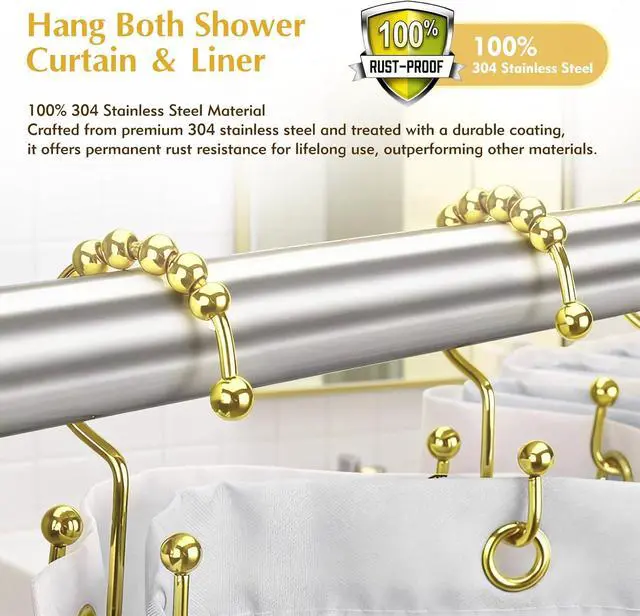 Alt view image 3 of 7 - 12 Pcs Gold Shower Curtain Hooks, 304 Stainless Steel Shower Curtain Hooks | Shower Curtain Rings Rust Proof, Double Hook Glide Shower Curtain Hooks Gold for Bathroom, Modern Decorative Shower Hooks