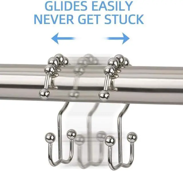 Alt view image 3 of 7 - DAWNER Shower Curtain Hooks, Rust Proof Metal Easy Glide Double Rings, Stainless Steel Hangers for Bathroom Curtains, Set of 12, Brushed Nickel
